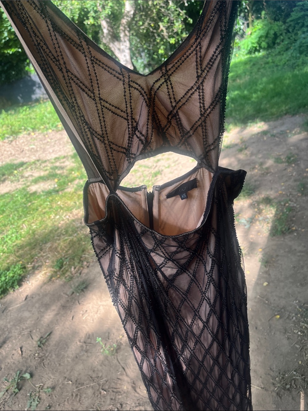 Elegant Black Beaded Mesh Dress with Nude Lining cut out and open back
